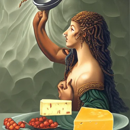 Prompt: medusa eating a large wheel of cheese, color film, photorealistic,