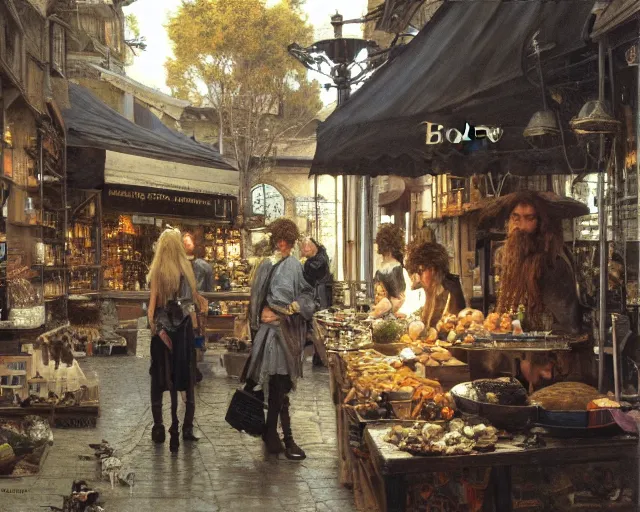 Prompt: concept art for fable bowerstone market, key lighting, soft lights, by steve hanks, by edgar maxence, by caravaggio, by michael whelan, by delacroix, by serov valentin, by tarkovsky, 8 k render, detailed, oil on canvas