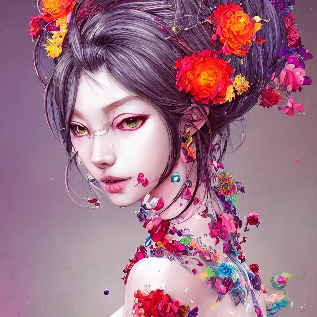 Image similar to studio portrait absurdly beautiful, elegant, lovely, young hypercolorful sensual anime woman rubies red petals gems, ultrafine hyperrealistic detailed face illustration by kim jung gi, irakli nadar, intricate linework, sharp focus, bright colors, matte, octopath traveler, final fantasy, unreal engine highly rendered, global illumination, radiant light, intricate rainbow environment