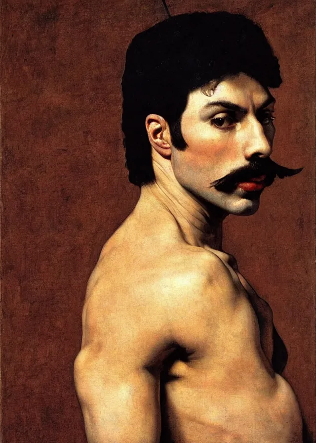 Prompt: painting a portrait of muscled Freddie Mercury with very dark background , in a renaissance style ,Rembrandt lighting scheme ,light dark, dark background , epic, very detailed, painted by Artemia Gentileschi , Caravaggio, Titian, Rembrandt.