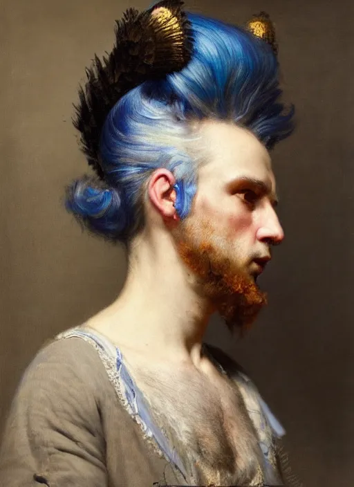 Image similar to a detailed portrait of old woamn with a extravagant mohawk by edouard bisson, blue hair, punk rock, oil painting, muted colours, soft lighting