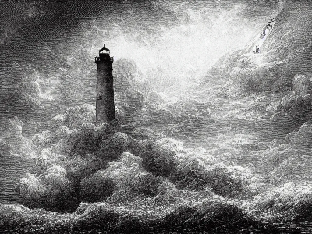 Prompt: “An engraving of a storm battering a lighthouse by Gustave Dore”