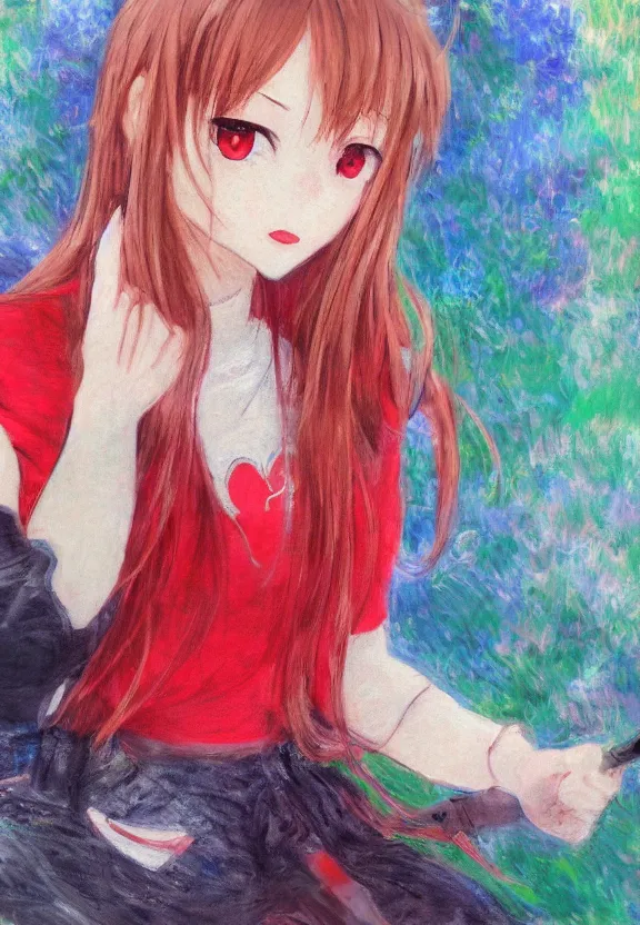 Image similar to close shot portrait of a teenage girl, a cute red outfit, tokyo anime scene, very anime in impressionist style, anime trending artwork, anime painter studio, by claude monet