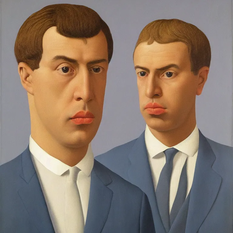 Prompt: portrait of man in a suit that has flowers hiding his head by rene magritte, detailed painting, hd, hq, high resolution, high detail, 4 k, 8 k