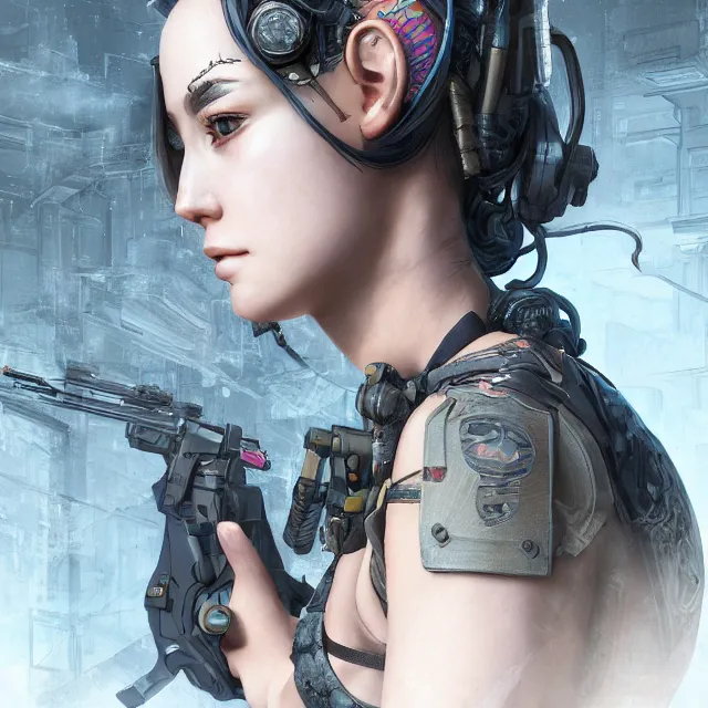 Image similar to the portrait of lawful neutral female cyberpunk marine sniper as absurdly beautiful, gorgeous, elegant, young gravure idol, an ultrafine hyperdetailed illustration by kim jung gi, irakli nadar, intricate linework, bright colors, octopath traveler, final fantasy, unreal engine 5 highly rendered, global illumination, radiant light, detailed and intricate environment