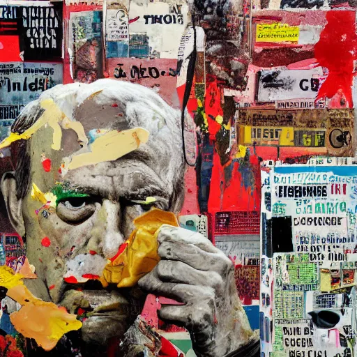 Prompt: hyperrealistic, photorealistic, mixed media oil painting of hunter s thompson, magazine scraps, plaster, blood, oil, mustard, splatter, greg rutkowski, basquiat, ralph steadman, wesley kimler, terry gilliam, andy warhol, dali