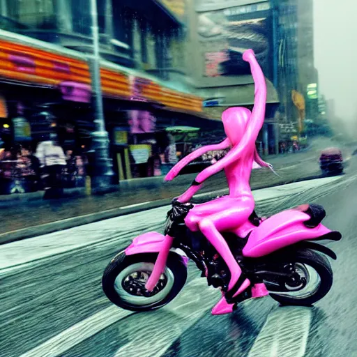 Image similar to hyper realistic, photo, humanoid pink female Squid girl, riding a motorcycle, popping wheelie fast in the rainy city traffic