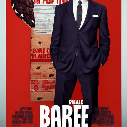 Image similar to Christian Bale as Patrick Bateman wearing a suit whilst holding a cookie, film poster