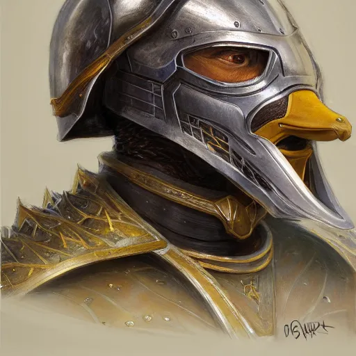 Image similar to duck as a realistic fantasy knight, closeup portrait art by donato giancola and greg rutkowski, realistic face, digital art, trending on artstation, symmetry!!