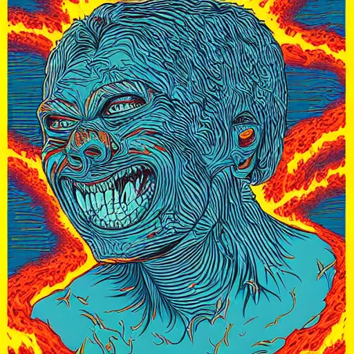 Image similar to portrait of head melting into another one, lava, laugh and surprise, by Dan Mumford