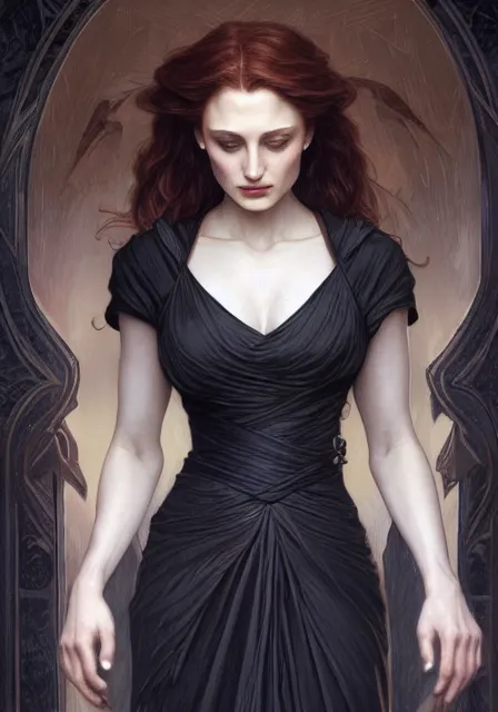 Image similar to sansa angeline jolie gessica chastain in dark, intricate, elegant, highly detailed, digital painting, artstation, concept art, smooth, sharp focus, illustration, art by artgerm and greg rutkowski and alphonse mucha and william - adolphe bouguereau