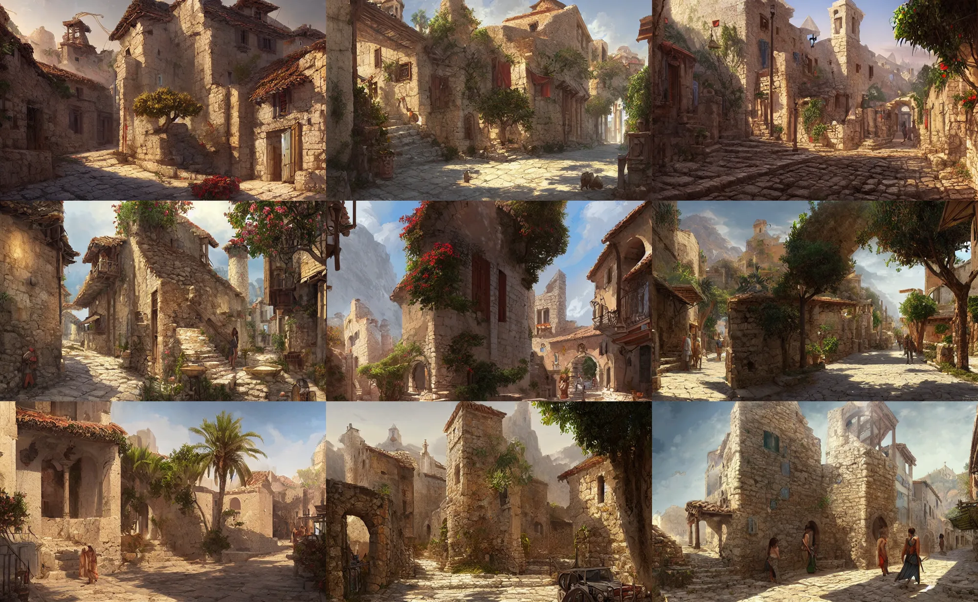 Prompt: ancient mediterranean village, street view, digital painting, artstation, concept art, sharp focus, illustration, art by aleksi briclot and greg rutkowski and raphael lacoste