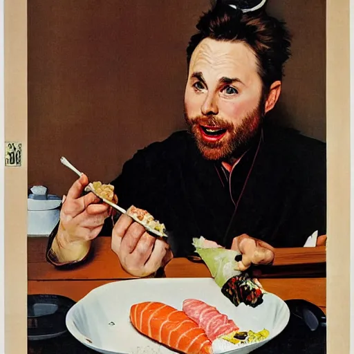 Image similar to Charlie Day eating sushi out of a white toilet bowl, Norman Rockwell,