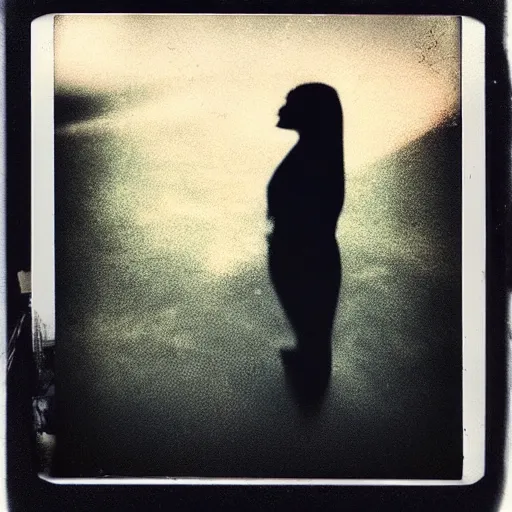 Image similar to polaroid of a dream, silhouettes, reflection, double exposure, high contrast