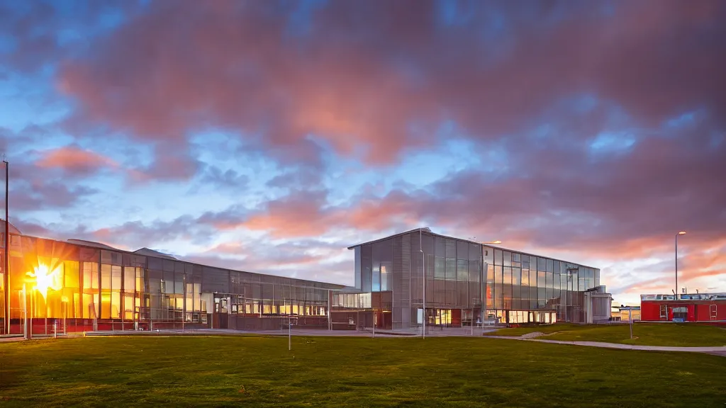 Prompt: reykjavik junior college, sunset lighting, rim light, hyper realistic, cinematic frame