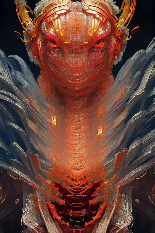 Image similar to asura from chinese myth, ghost, gorgeous and huge head ornaments, dystopian, cyberpunk, organic fractal mycelum and fungi, mecha, halfturn portrait of a big crystal face made of crystals half - turn, ominous, intricate, studio, art by anthony macbain + greg rutkowski + alphonse mucha, concept art, 4 k, sharp focus