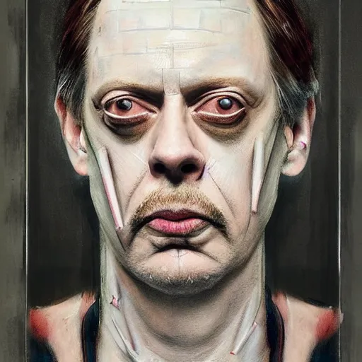 Image similar to hyperrealistic mixed media high resolution painting of (Steve Buscemi) disguised as !!Hellraiser!!, stunning 3d render inspired art by Jamie Salmon and István Sándorfi and Greg Rutkowski, perfect facial symmetry, dim volumetric lighting, 8k octane beautifully detailed render, full body shot, post-processing, extremely hyper-detailed, intricate, epic composition, highly detailed attributes, highly detailed atmosphere, cinematic lighting, masterpiece, trending on artstation, very very detailed, masterpiece, stunning, flawless completion, lifelike texture, perfection,