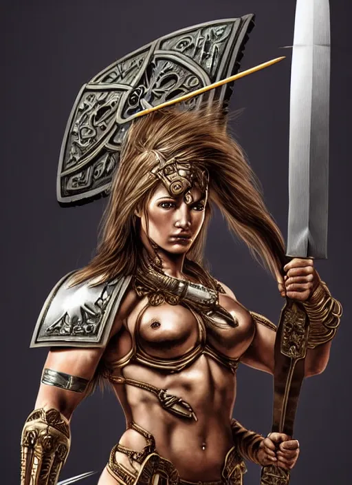 Image similar to portrait of a beautiful muscular maiden spartan with a sword and shield, wounds from battle, warhammer 40000, intricate, elegant, highly detailed, smooth, sharp focus, art by stephen lau and artgerm in the style of Steven Kostic and greg rutkouwski,