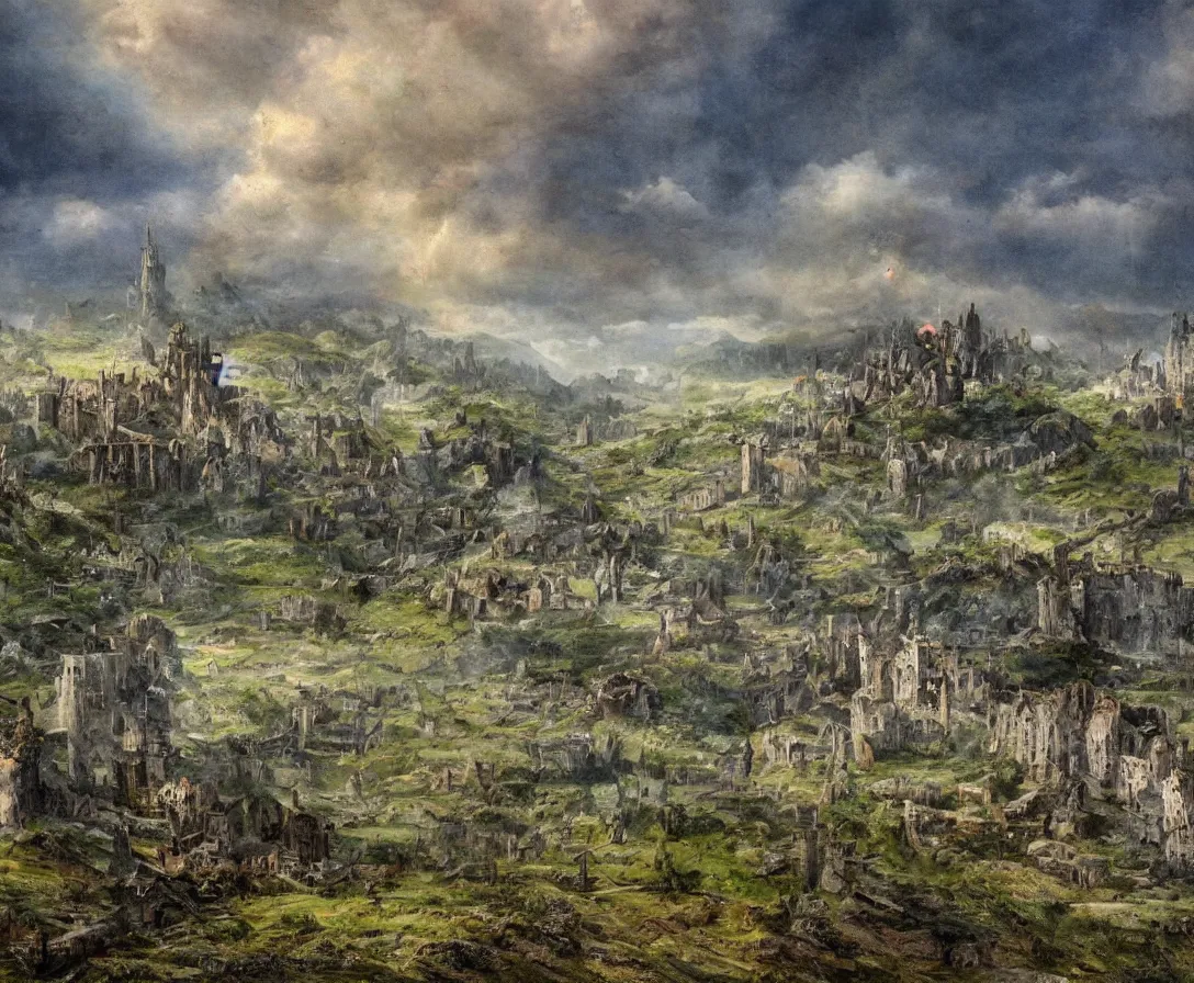 Image similar to A vast empty flat valley surrounded by Transylvanian mountains. A huge metal zeppelin in the sky among colorful clouds. The ruins of a medieval castle on the hillside in the background. No villages or buildings. Late warm evening light in the summer, gloomy weather. High quality, fantasy art by H.R. Giger.