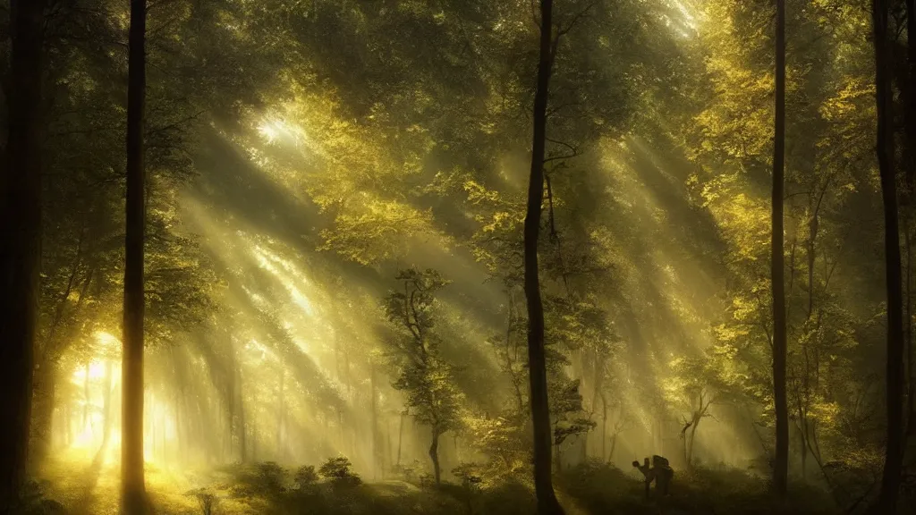 Prompt: a sunlit spot in the dark forest. andreas achenbach, artgerm, mikko lagerstedt, zack snyder, tokujin yoshioka