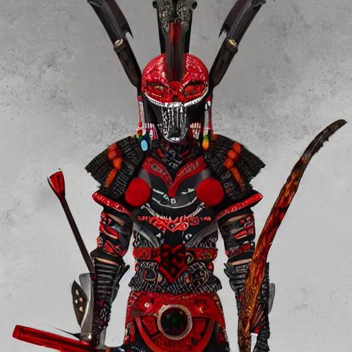 Prompt: mexican indigenous warrior in a ornated armor preparing for war, full body, dynamic pose, red and obsidian neon, concept art, intricate details, highly professionally detailed, cgsociety, highly detailed -