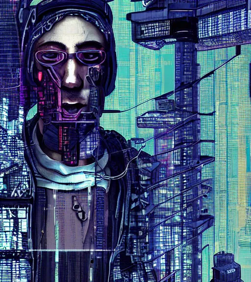 Image similar to a cyberpunk man with multiple digital patchwork faces, techwear, Industrial Scifi, detailed illustration, character portrait, by Martin Grip and Moebius