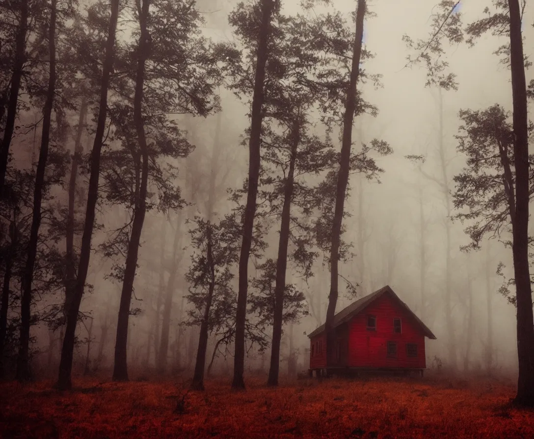 Image similar to a creepy cabin in the middle of a foggy haunted forest, nightmare, horror, haunting, soft tones, red sky, ominous lighting, dark, stormy