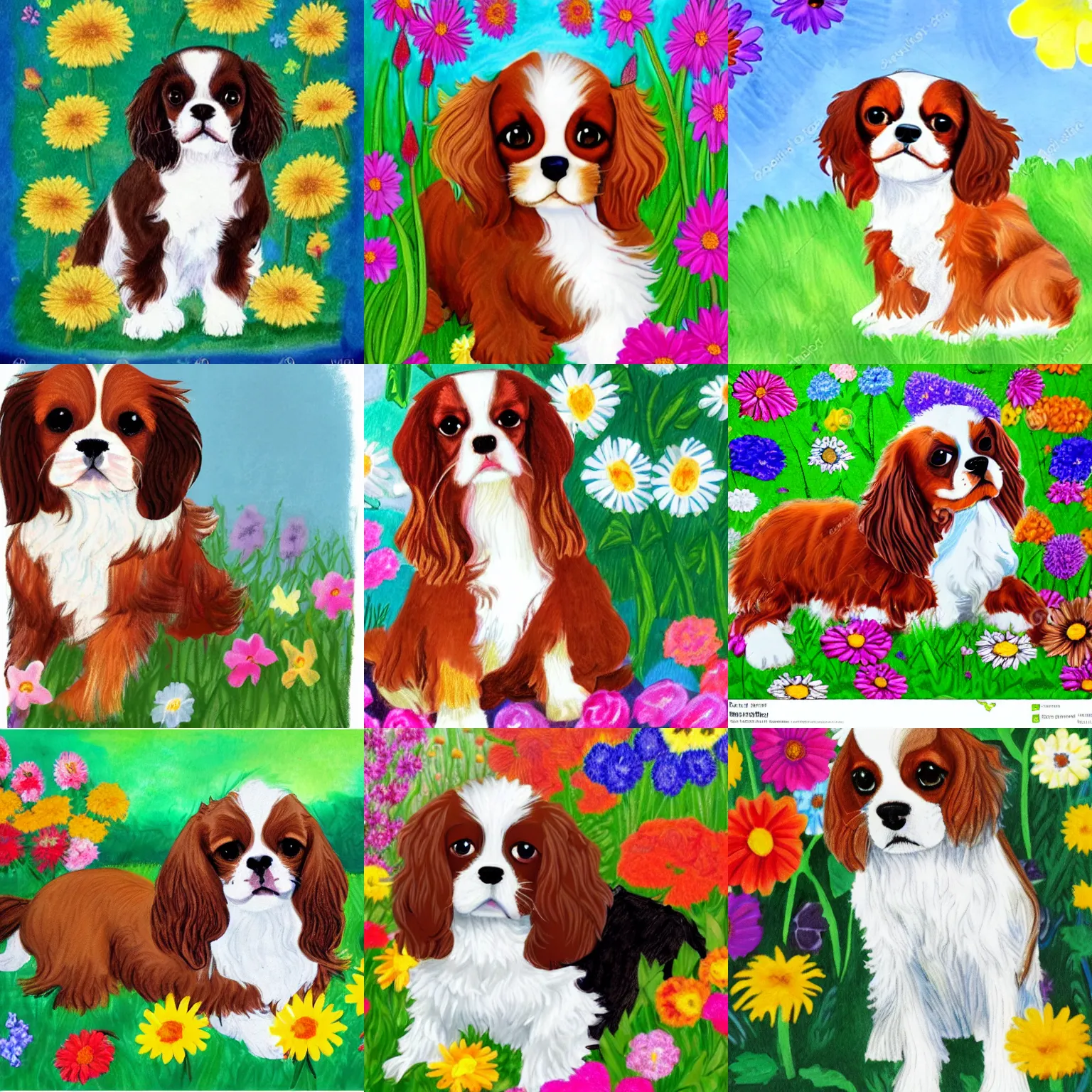 Prompt: fluffy cavalier king charles spaniel, surrounded by flowers, child's drawing
