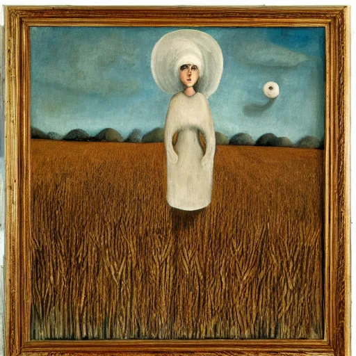 Prompt: by Leonora Carrington, a brown haired giantess rising above a field of wheat. Cats are playing. Oil painting, high res, art museum quality.