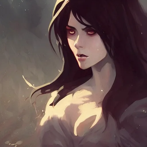 Image similar to female human vampire witch in the style of greg rutkowski, makoto shinkai, trending on artstation, character design, concept art, pretty face, highly detailed, long black hair, portrait, digital art