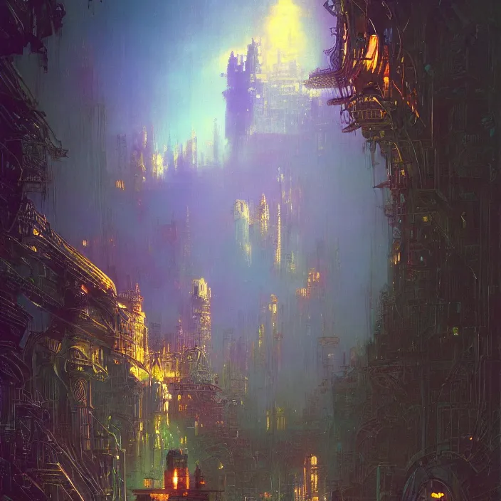 Image similar to city of light, abstract, concept art, digital painting, ornate, backlit, bokeh, deep aura, slight glow, by bruce pennington, by wayne barlowe