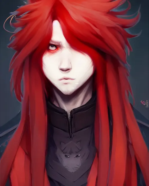 Prompt: character concept art of a black anthropomorphic male wolf long red hair | | cute - fine - face, pretty face, key visual, realistic shaded perfect face, fine details by stanley artgerm lau, wlop, rossdraws, james jean, andrei riabovitchev, marc simonetti, and sakimichan, trending on artstation