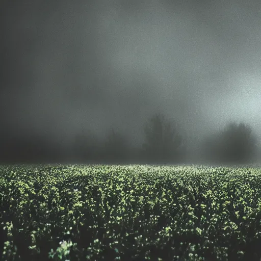 Prompt: big garden with black flowers, fog, rainy weather, metal album cover style, greyish colors, 4K