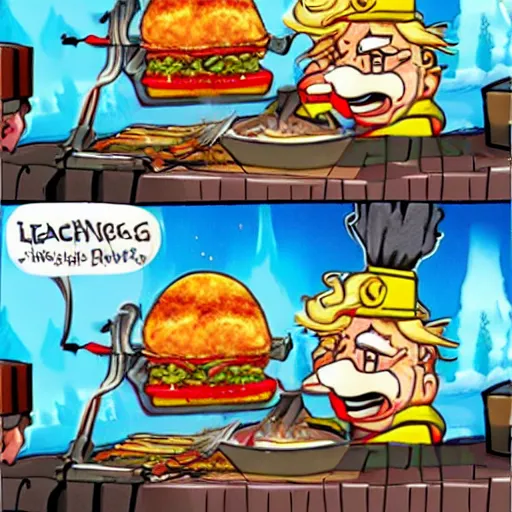 Prompt: the lichking frying burgers for luigi,