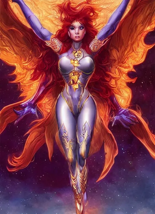 Image similar to front portrait hands behinds pose of attractive Starfire with ginger wavy hair, hands behind her pose!, Intricate overlay flames imagery , D&D!, fantasy style, sharp focus!, ultra detailed, art by Artgerm and Peter Andrew Jones, WLUP