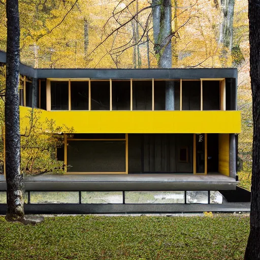 Image similar to architecture ad for a big mid-century modern house in the middle of the wood designed by kengo khuma. grain, cinematic, colorized, yellow hue.