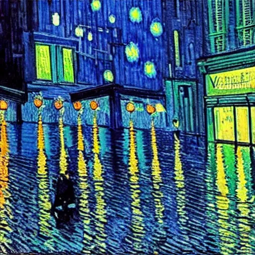 Prompt: Photo of Cyberpunk Cafe Terrace at night by Vincent Van Gogh in real life