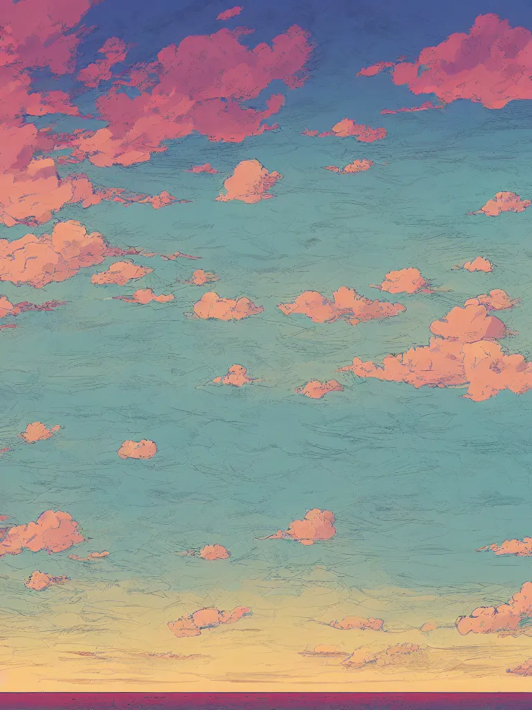 Image similar to a digital art of a close up view of a field, the beach, mountain and the sea at noon, beautiful sky and clouds, colorful, by laurie greasley, artstation, studio ghibli color scheme