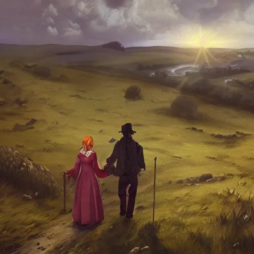 Prompt: The ghosts of Cathy and Heathcliff wander the moors of Wuthering Heights, painting, ultra detailed, 4k