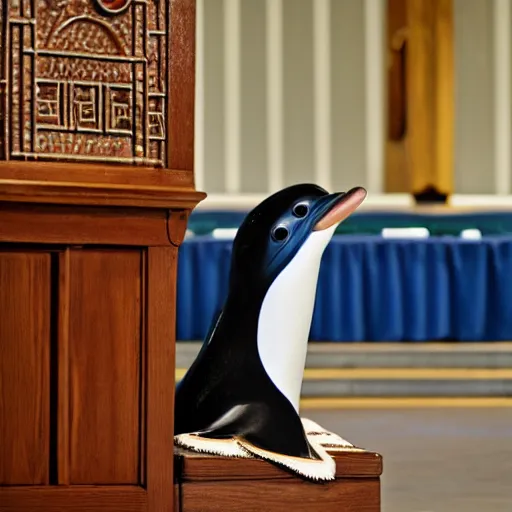 Image similar to an orthodox jewish dolphin sitting at a synagogue for service