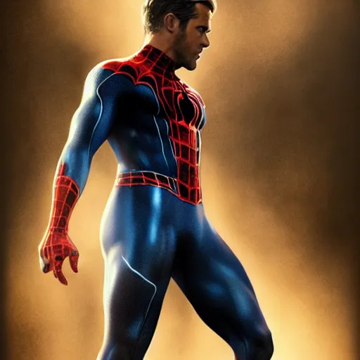 Image similar to ryan reynolds as a black and blue suit spider - man, cinematic, volumetric lighting, f 8 aperture, cinematic eastman 5 3 8 4 film, photorealistic by greg rutkowski, by stanley artgerm, by alphonse mucha