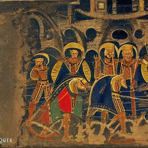 Image similar to a group of Byzantine knights fighting a dragon inside a cistern underneath Istanbul