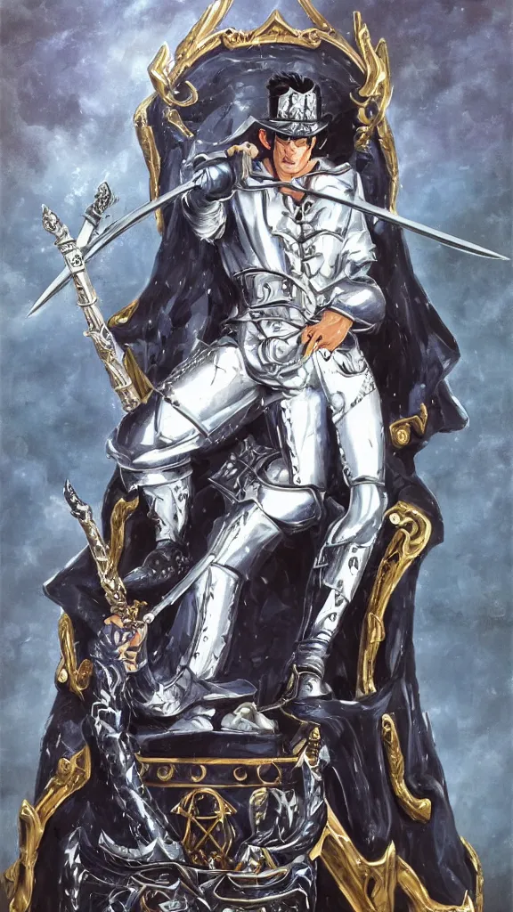 Prompt: full body portrait of Kujo Jotaro in white steel armour of god sit on the vampire style throne with silver long sword like a cobra in his left hand and long sceptreat with gold and sapphire curved on it. Precise, epic and thick western classical oil painting style.
