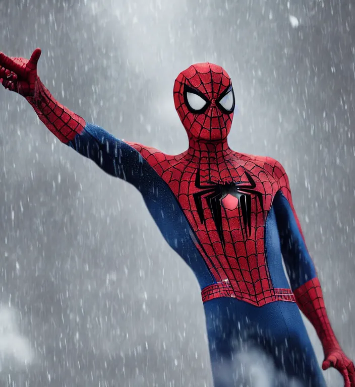 Image similar to cinematic of tobey maguire as spiderman, dramatic rain, 8 k