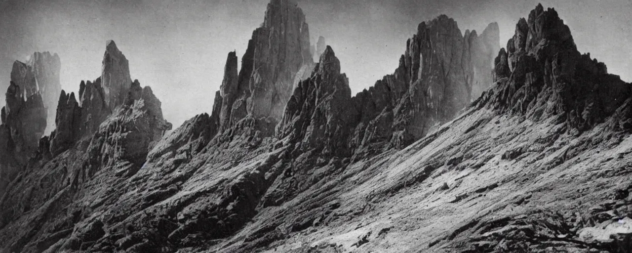 Image similar to 1920s photography of terrifying dolomites dark with occult signs