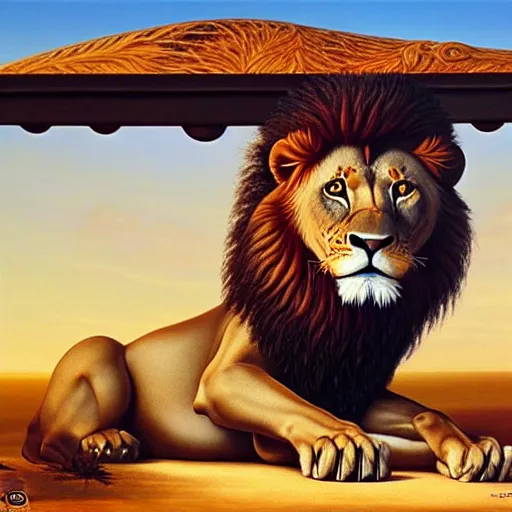 Image similar to a lion sitting an antique table, a detailed matte painting by vladimir kush, cgsociety, furry art, airbrush art, detailed painting, matte painting