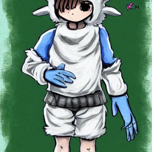 Image similar to little boy wearing sheep suit. white, gray, blue, green and brown pallet color. made in abyss art style, inspired in kris from deltarrune, cute detailed artwork, anatomically proportional