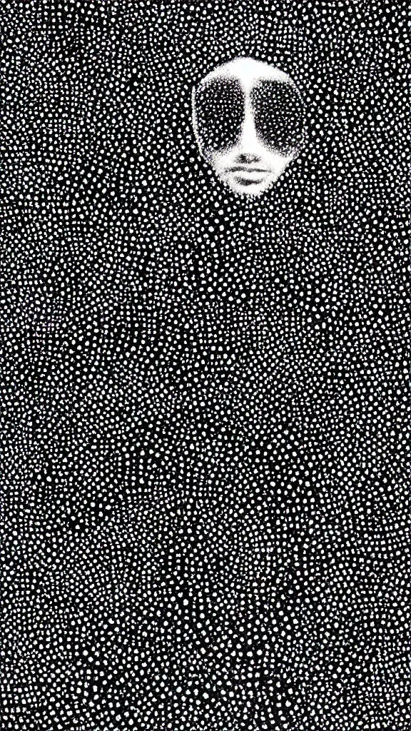 Image similar to portal to other dimension, face made out of planet, faceless people dark, dots, drip, stipple, pointillism, technical, abstract, minimal, style of francis bacon, asymmetry, pulled apart, cloak, hooded figure, made of dots, abstract, balaclava