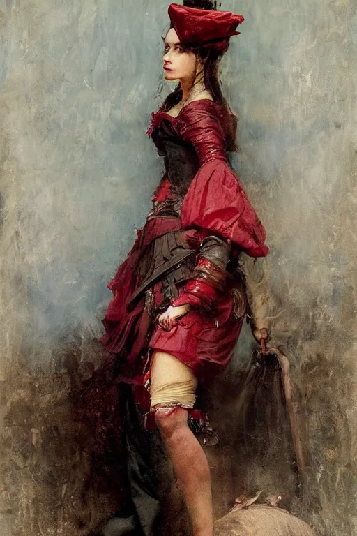 Prompt: Solomon Joseph Solomon and Richard Schmid and Jeremy Lipking victorian genre painting full length portrait painting of a young beautiful woman traditional german french fashion model pirate wench in fantasy costume, red background