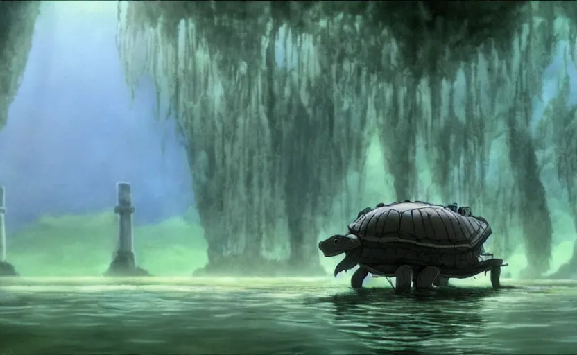 Prompt: a hyperrealist cell - shaded cartoon movie still from howl's moving castle ( 2 0 0 4 ) of a giant lovecraftian mechanized turtle in a flooded stonehenge. a rainforest is in the background with shafts of sunlight from above. very dull muted colors, hd, 4 k, hq